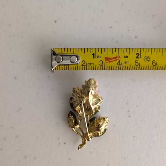 Pink Roses Brooch Gold Tone Metal Pink Jade Green Craved Porcelain Stones - Picture 9 of 9